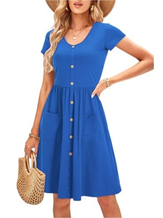 Dresses & Skirts - Cotton Spandex A-line Midi Dress with Pockets Short Sleeve V-Neck